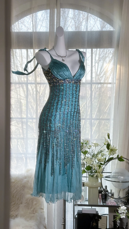 Light blue halter-neck fitted waist sexy midi-length ball gown R7670