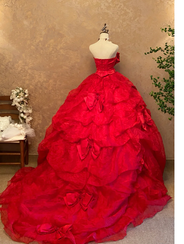 Red Strapless Waist-Cinched Puffball Skirt Floor-Length Ball Gown, Bridal Gown R7361
