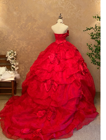 Red Strapless Waist-Cinched Puffball Skirt Floor-Length Ball Gown, Bridal Gown R7361
