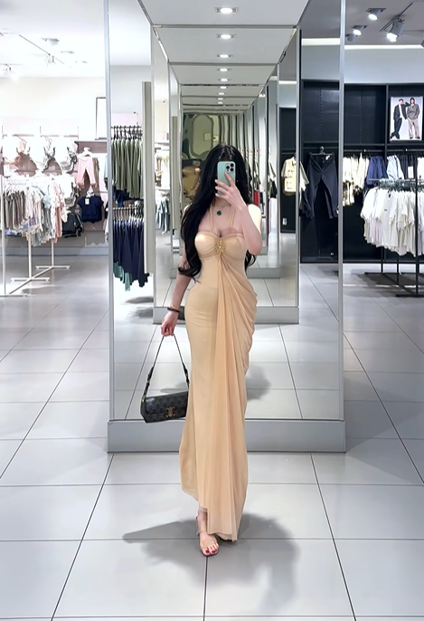 Apricot halter neck sexy fitted waist long ball gown R7902
