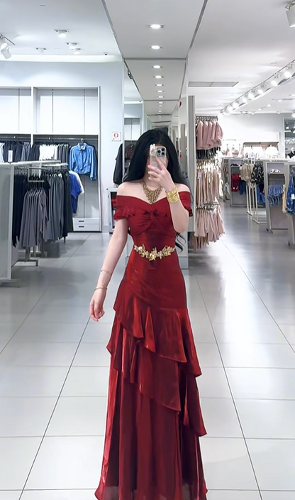 Red off-shoulder fitted waist slim-fitting tiered skirt long ball gown R7782