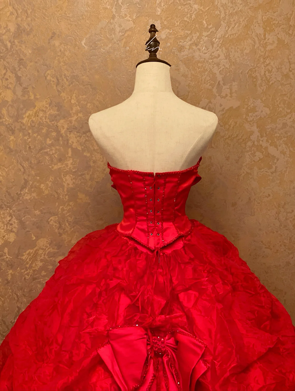 Red Strapless Waist-Cinched Puffball Skirt Floor-Length Ball Gown, Bridal Gown R7361