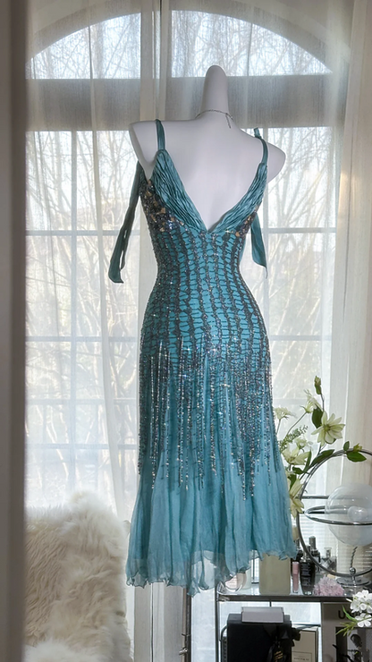 Light blue halter-neck fitted waist sexy midi-length ball gown R7670