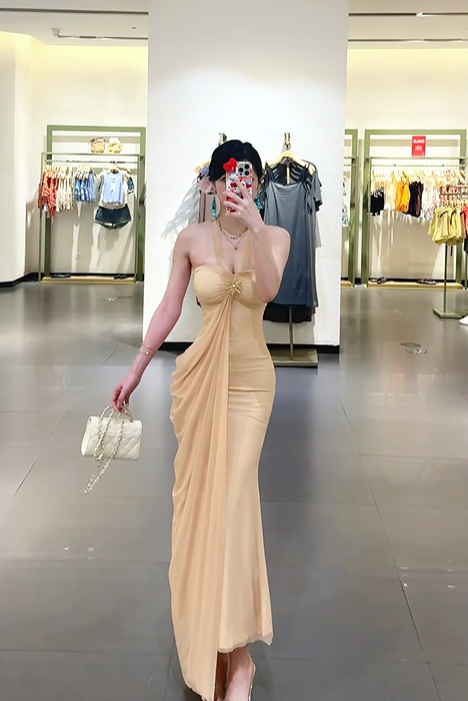Apricot halter neck sexy fitted waist long ball gown R7902