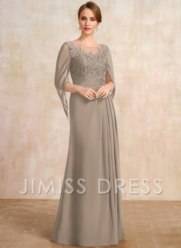 A-shaped Scoop Illusion floor lace chiffon with sequins and pleats, mother of the bride dress