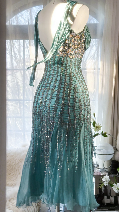 Light blue halter-neck fitted waist sexy midi-length ball gown R7670
