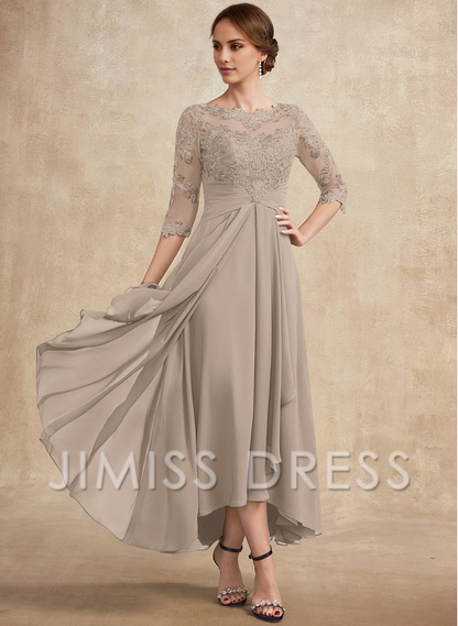 A-line hollow illusion asymmetrical lace chiffon belt with layered ruffles mother of the bride dress