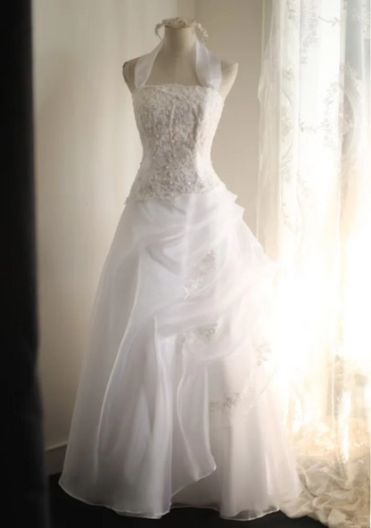 White halter-neck, fitted waist, beaded long ball gown/bridal dress R6834
