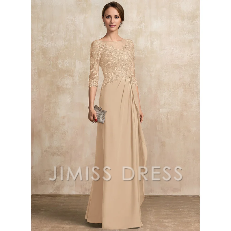 A-shaped Scoop Illusion floor mopping chiffon lace ribbon bead sequins layered ruffles mother of the bride dress