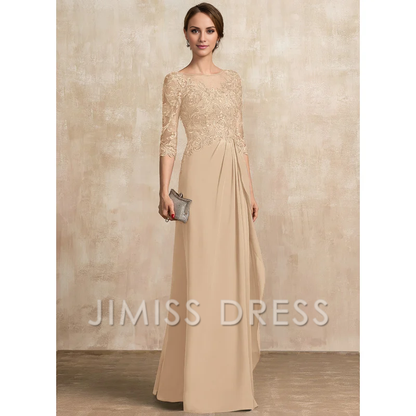 A-shaped Scoop Illusion floor mopping chiffon lace ribbon bead sequins layered ruffles mother of the bride dress