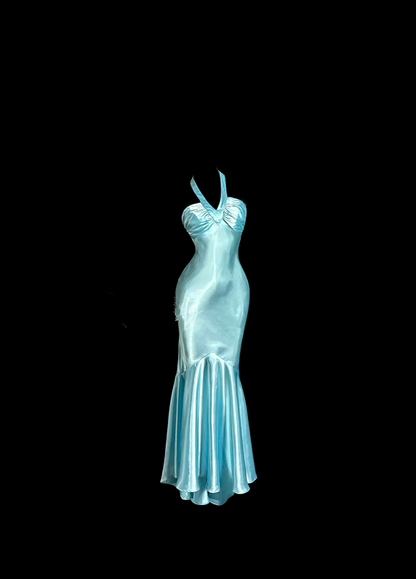 Light blue halter neck, fitted waist, sexy fishtail long ball gown R6636