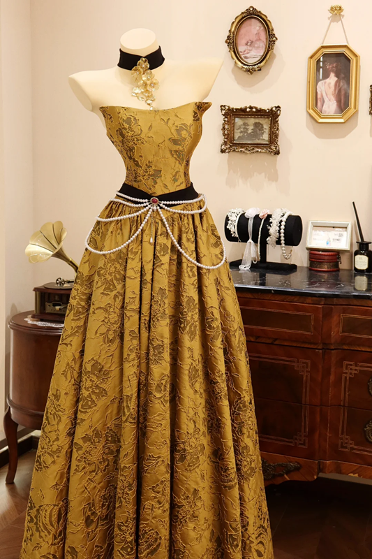 Golden strapless waist-cinching sexy long elegant prom dress R7942