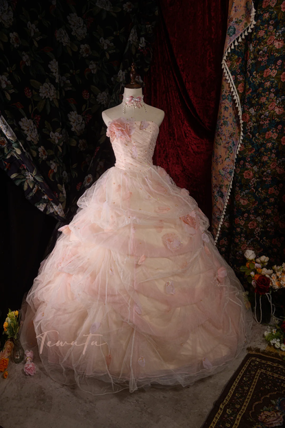 Vintage Pink Strapless Tulle Ball Gown Floral Embellishments A-Line Layered Quinceañera Formal Dress TP5115