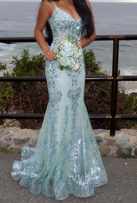 Vintage Sparkly Light Blue Sequin Spaghetti Strap Mermaid Evening Gown TP5565