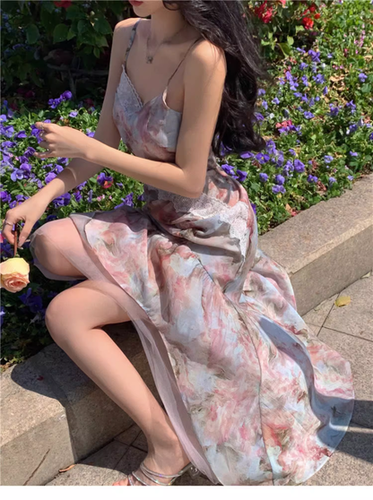 New Fashion Elegant Floral Design Mermaid Spaghetti Strap Dress TP3021