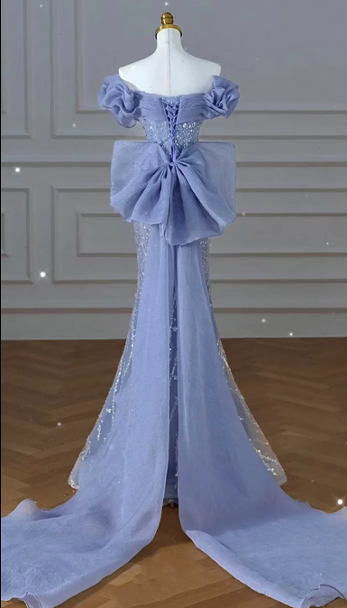 Glamorous Off-Shoulder Light Blue Mermaid Sparkling Sequins Bow Ruffled Evening Gown TP5262