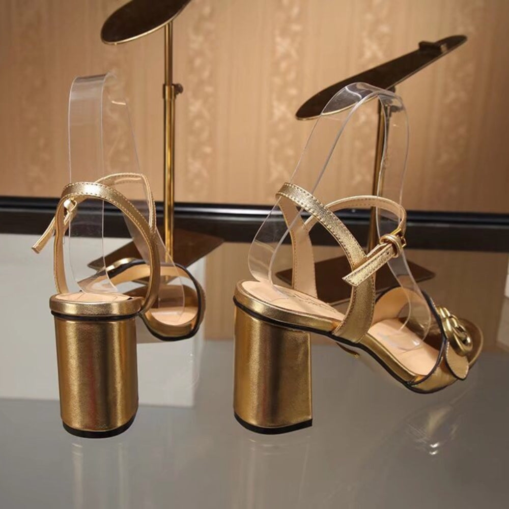 Gucci Gold Metallic Laminate Leather Mid Heel Sandal 453379