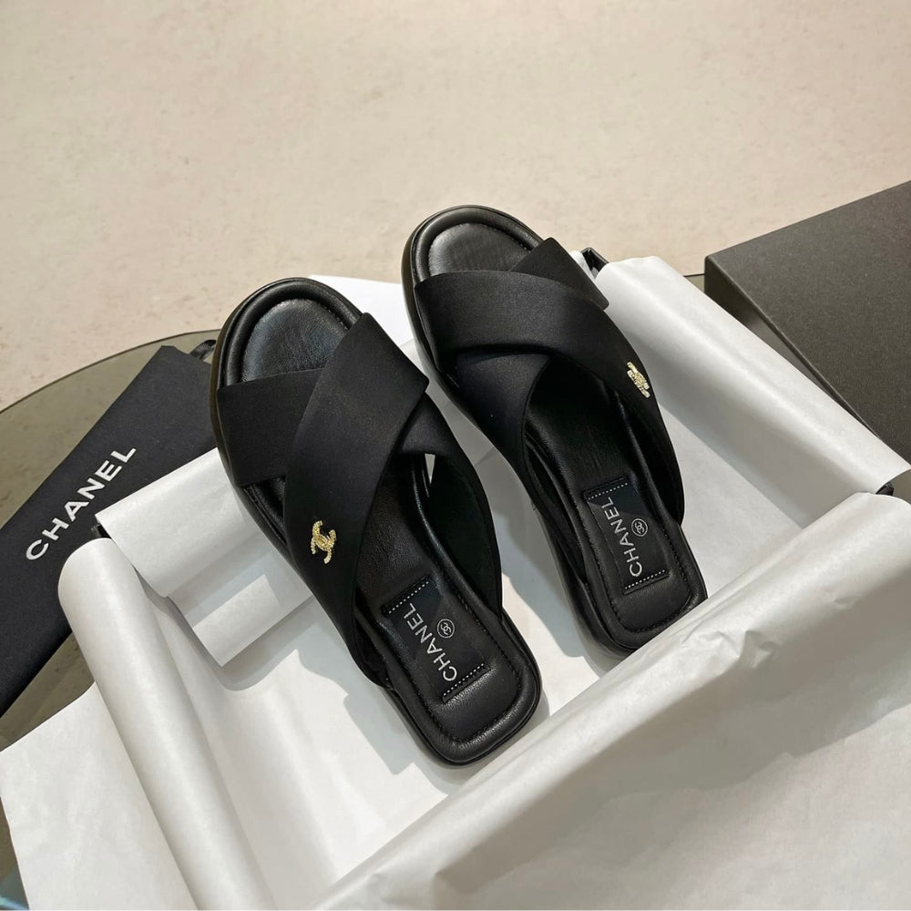 Chanel CC Logo Criss Cross Slides Black