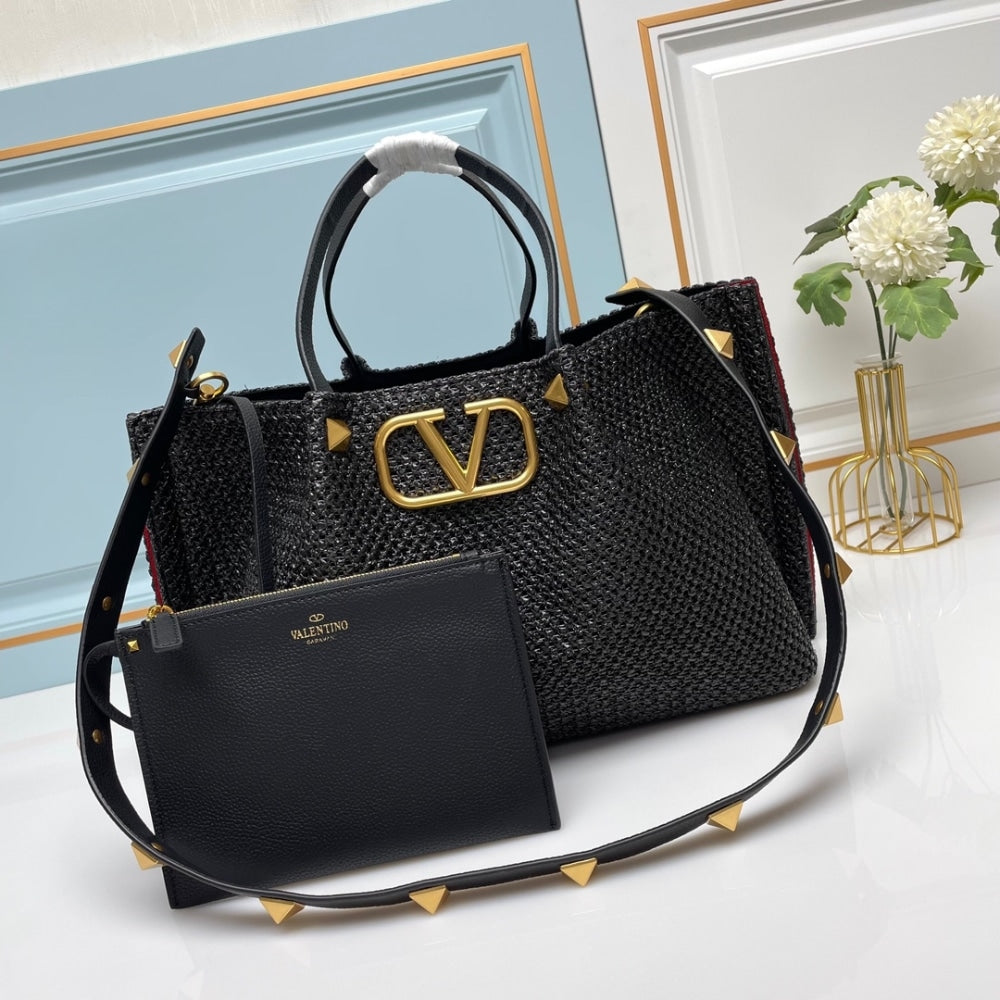 VALENTINO GARAVANI MEDIUM STRAW SUMMER TOTE BLACK 35CM