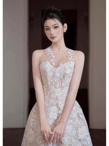 Vintage White Lace Applique Prom Dress Sheath Evening Dress Long Formal Dress TP4631
