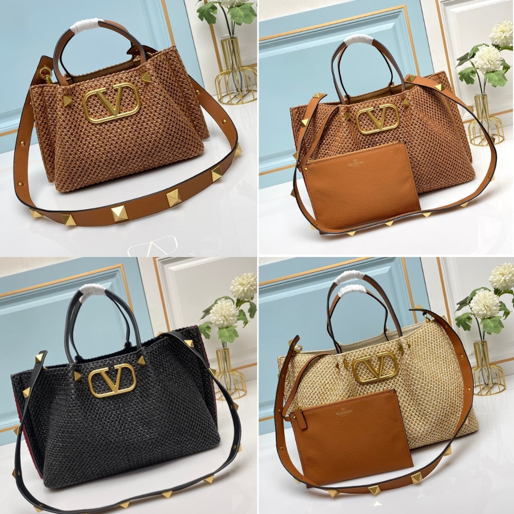 VALENTINO GARAVANI MEDIUM STRAW SUMMER TOTE BLACK 35CM