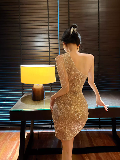 Vintage Champagne Sequin Off-the-shoulder Bodycon Design A-line Homecoming Dress TP3712