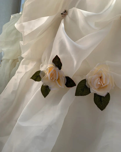 Ivory Elegant Exquisite Floral Beading Long Tulle Floor Length Tiered Ball Gown Evening Gown Wedding Dress gh4133