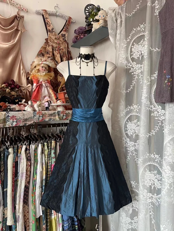 Navy Blue Spaghetti Strap Waist-Cinched A-Line Sexy Short-Length Ball Gown R7435