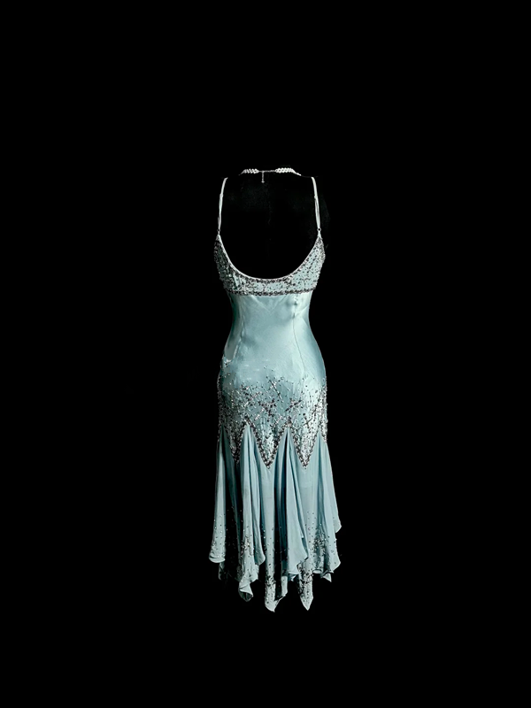 Gray-blue halter-neck fitted ball gown R6637