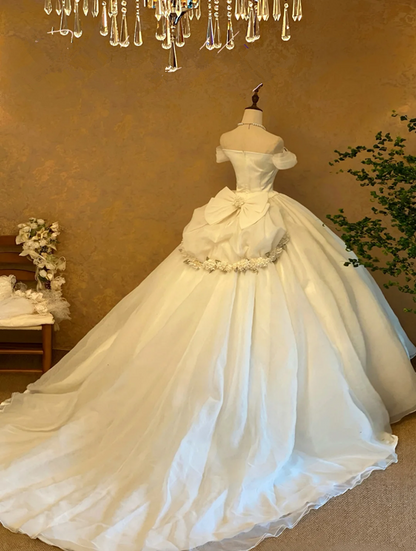 White Off-the-Shoulder Waist-Cinched Puffball Skirt Ball Gown, Bridal Gown R7362