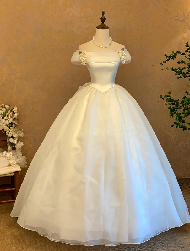 White Off-the-Shoulder Waist-Cinched Puffball Skirt Ball Gown, Bridal Gown R7362