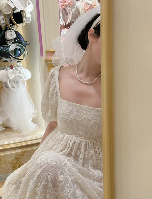 Light apricot square-neck lace puff-sleeve long elegant prom dress R7982