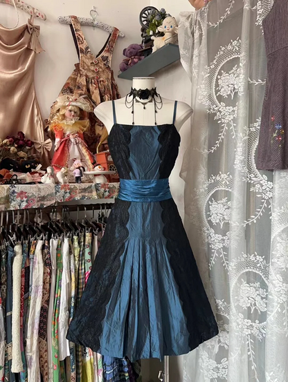 Navy Blue Spaghetti Strap Waist-Cinched A-Line Sexy Short-Length Ball Gown R7435