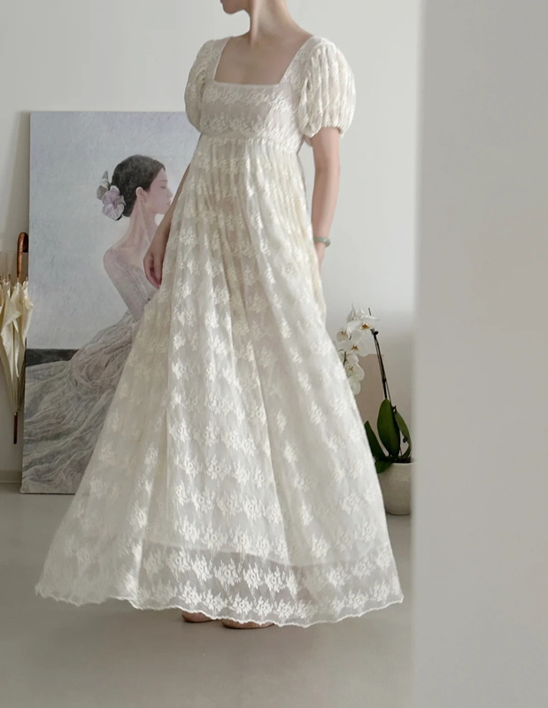 Light apricot square-neck lace puff-sleeve long elegant prom dress R7982