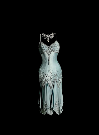 Gray-blue halter-neck fitted ball gown R6637