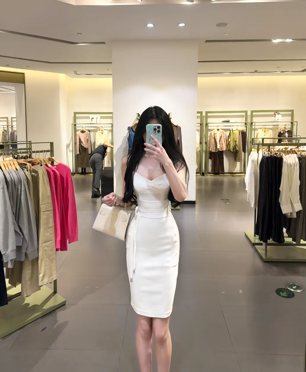 White halter-neck fitted bodycon midi ball gown R7783