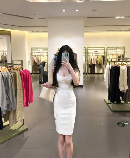 White halter-neck fitted bodycon midi ball gown R7783