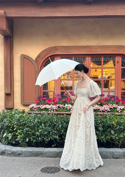 Light apricot square-neck lace puff-sleeve long elegant prom dress R7982