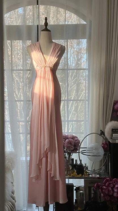 Light pink sleeveless fitted waist bodycon long ball gown R7712