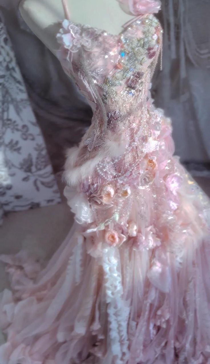 Vintage Pink Mermaid 3D Floral Tulle Fairy Dress Evening Gown TP5423