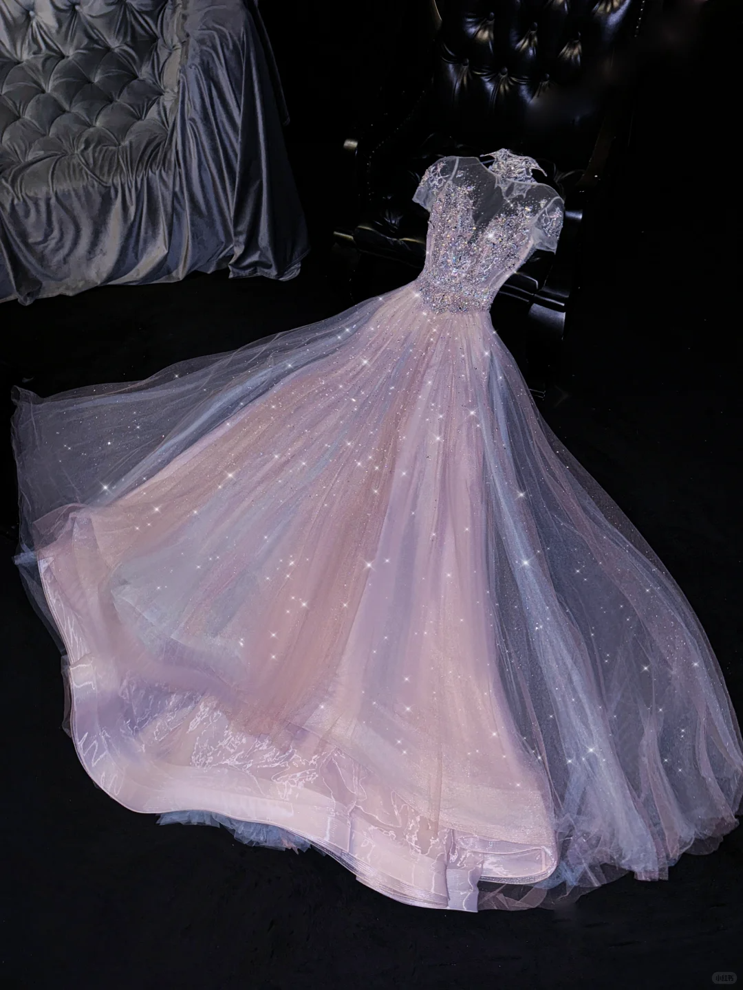 Dreamy Pink Sparkle Tulle Beaded High Neck Glittering Evening Gown TP5384