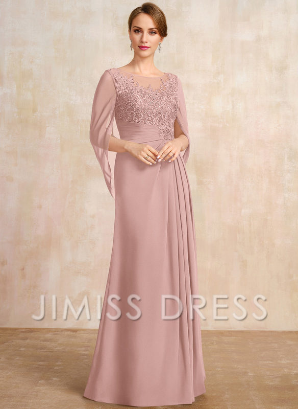 A-shaped Scoop Illusion floor lace chiffon with sequins and pleats, mother of the bride dress