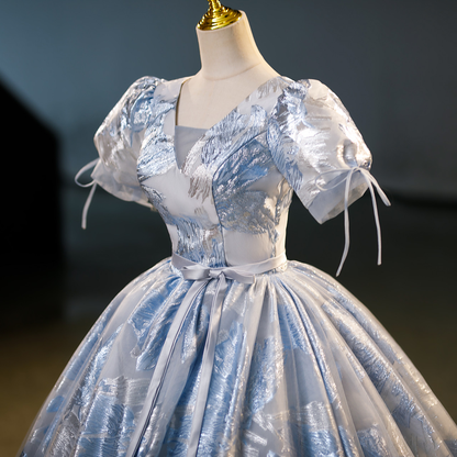 Elegant Blue Satin Print Princess Quinceanera Dress A Line Ball Gown cc1699