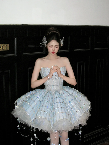 Gorgeous Shiny Light Blue Sequined A-Line Strapless Design Tiered Party Dress Homecoming Dress TP4238