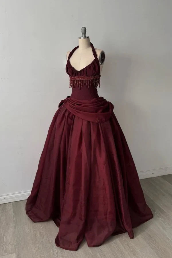 Glamorous Burgundy Halter Neck Beaded Fringe Satin Sweet 16 Quinceanera Ball Gown TP5698