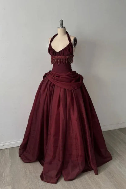 Glamorous Burgundy Halter Neck Beaded Fringe Satin Sweet 16 Quinceanera Ball Gown TP5698