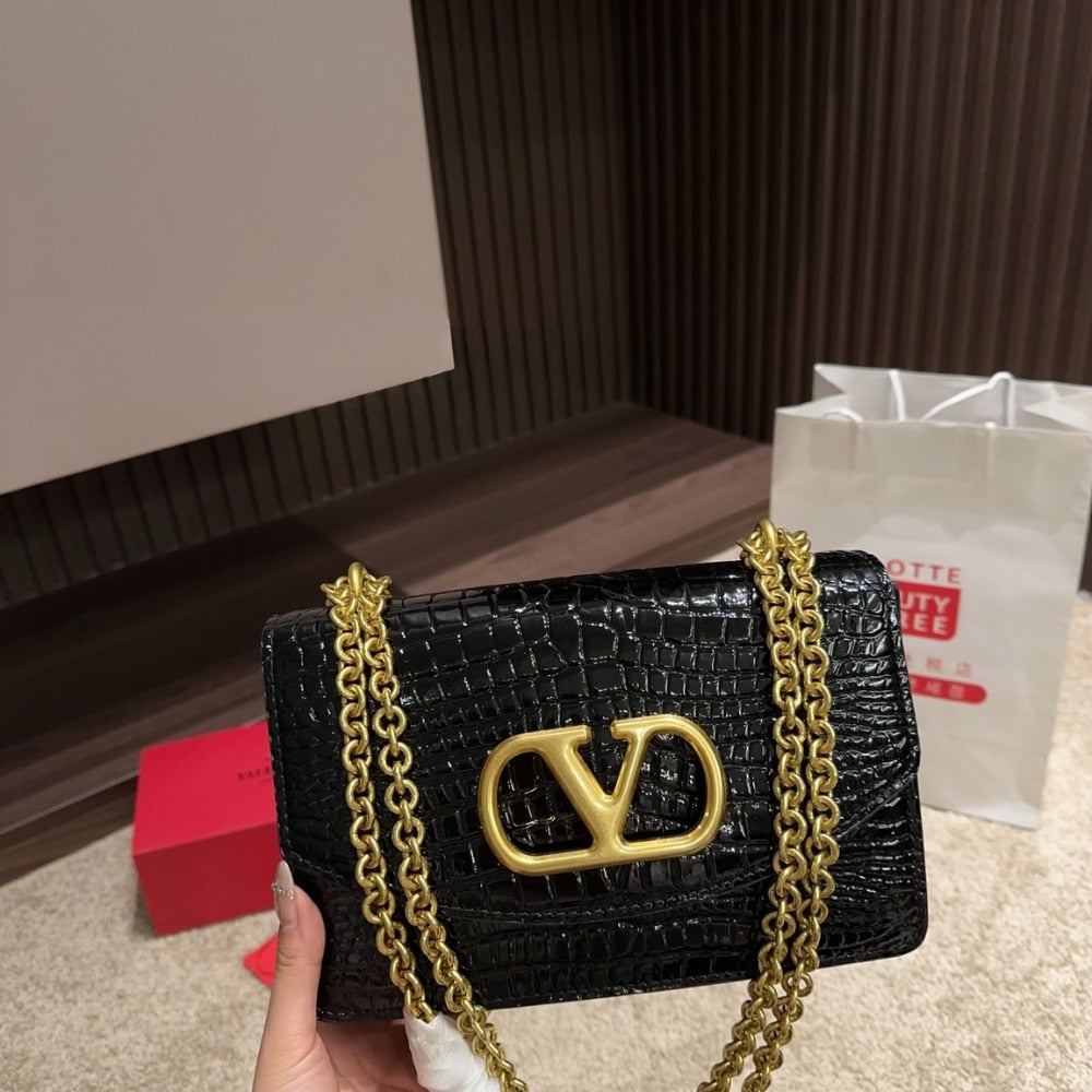 VALENTINO GARAVANI VAIN SMALL SHOULDER BAG IN CROCODILE BLACK 19CM