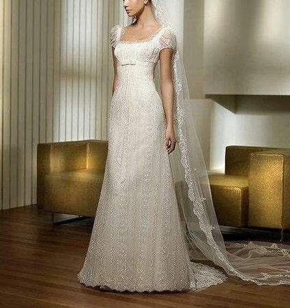 girlhomeshops--White Square Neck Classic Romantic Lace Elegant Long Wedding Dress gh5666