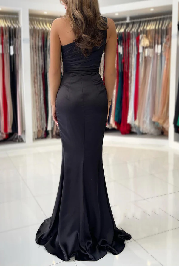 One shoulder pleated black long slit ball evening dress
