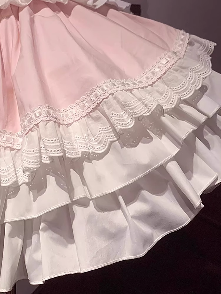 Cute Ball Gown Square Neckline Floral Lace Party Dresses Pink Birthday Outfits With Bowknots